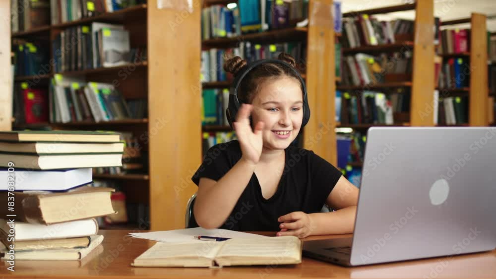 Focused student writes notes, uses laptop in public library. A student watches a webinar, an online lesson. Online learning, school and development concept. Focused student writes notes, uses laptop in public library. A student watches a webinar, an online lesson. Online learning, school and development concept.