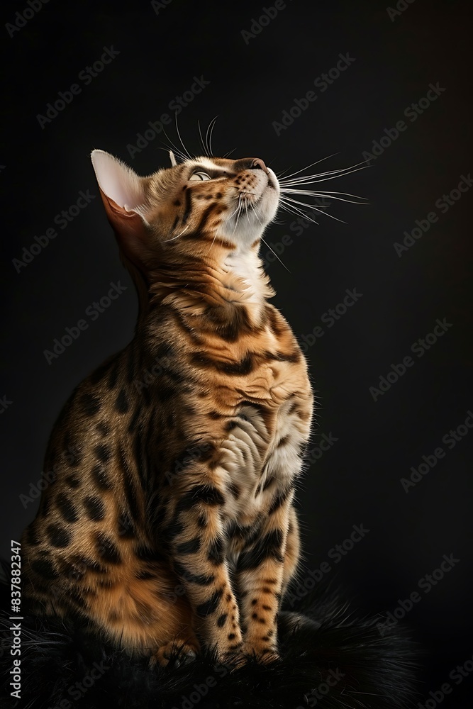 Photorealistic portrait of a bengal cat sitting on black fur, in a studio shot against a dark background, from a side view at a low angle.