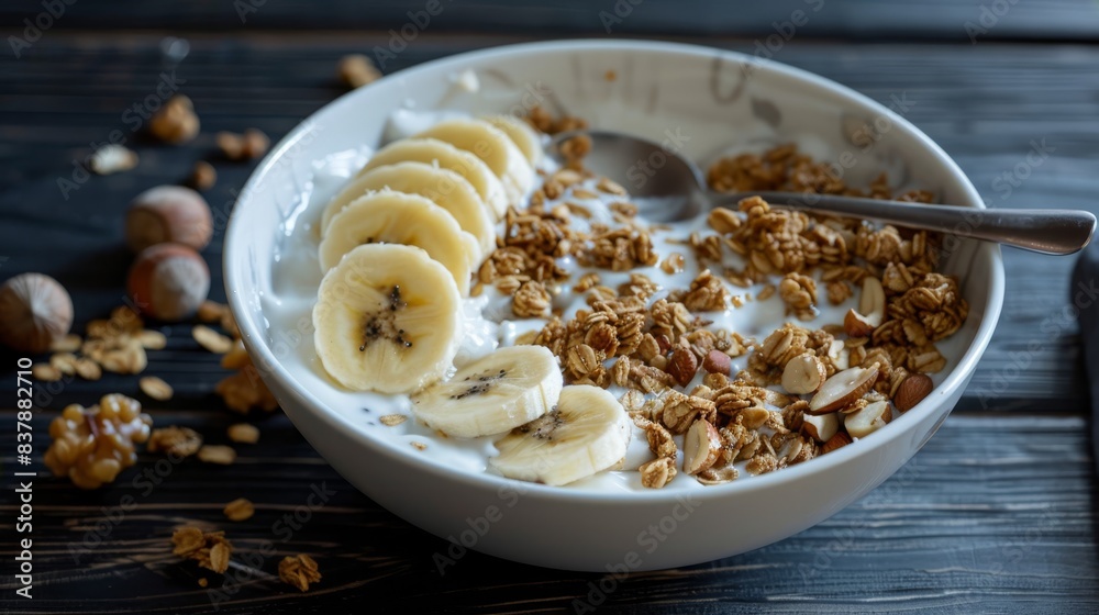Photo of a bowl of granola with banana slices and nuts on a rustic wooden table, surrounded by scattered nuts. Photo of a bowl of granola with banana slices and nuts on a rustic wooden table, surrounded by scattered nuts.