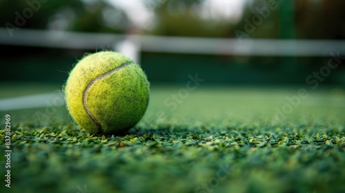 closeup of tennis ball laying on tennis court