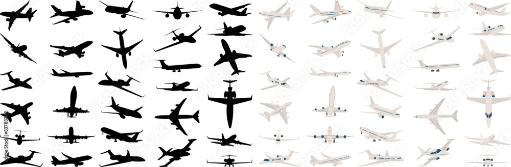 set of passenger planes silhouette, collection of airplanes in flat style vector set of passenger planes silhouette, collection of airplanes in flat style vector