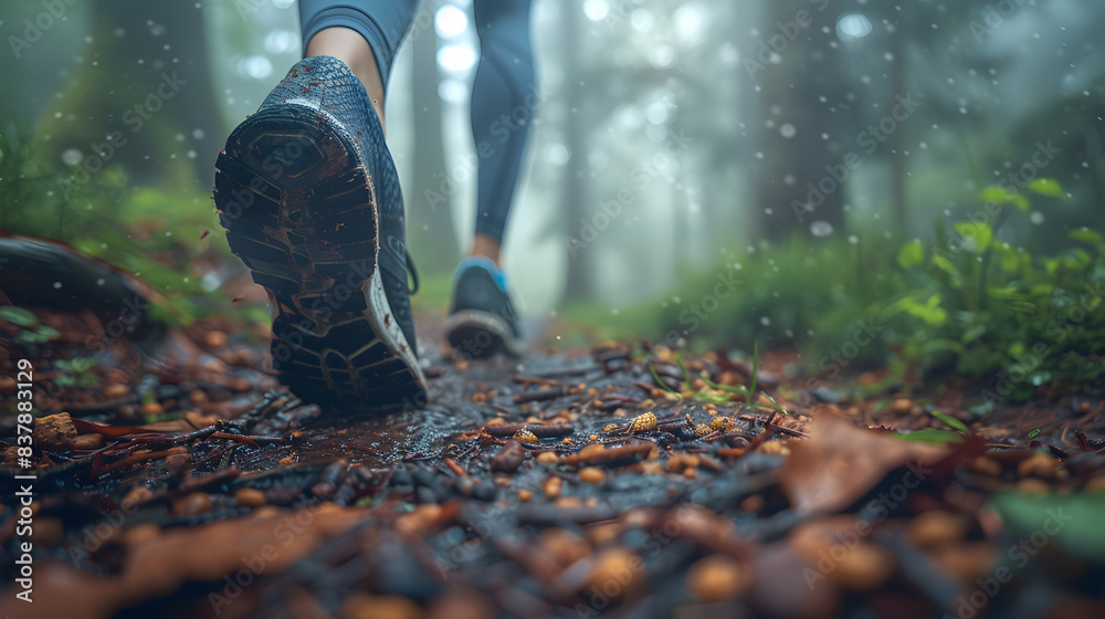 Photo realistic runner on forest trail symbolizing harmony of fitness and nature. Great for outdoor and fitness ads. Photo realistic runner on forest trail symbolizing harmony of fitness and nature. Great for outdoor and fitness ads.