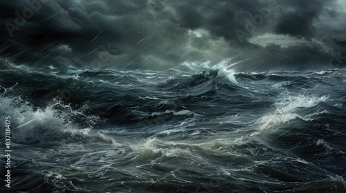 the dark stormy sea  showcasing rough waves crashing in the foreground  while leaving a vast ocean background with ample space for text.