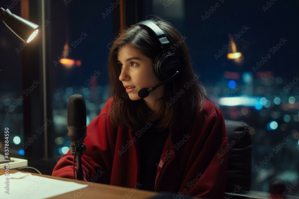 woman broadcasting from radio station woman broadcasting from radio station