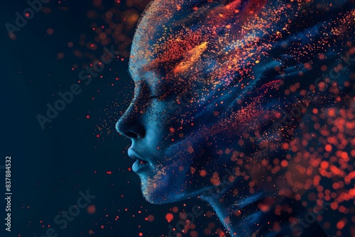 A face made of colorful particles with the silhouette of a woman's head in profile against a dark background, in the style of digital art 