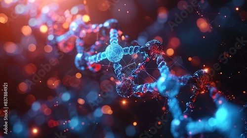 A visually engaging background with interconnected geometric shapes in vibrant hues, centered around a molecular model of a therapeutic gene, essential for gene therapy in biotechnology. shiny, photo