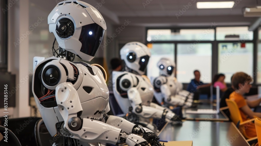 A busy robotics workshop where engineers are programming humanoid robots, showcasing advanced technology and innovation in action. A busy robotics workshop where engineers are programming humanoid robots, showcasing advanced technology and innovation in action.