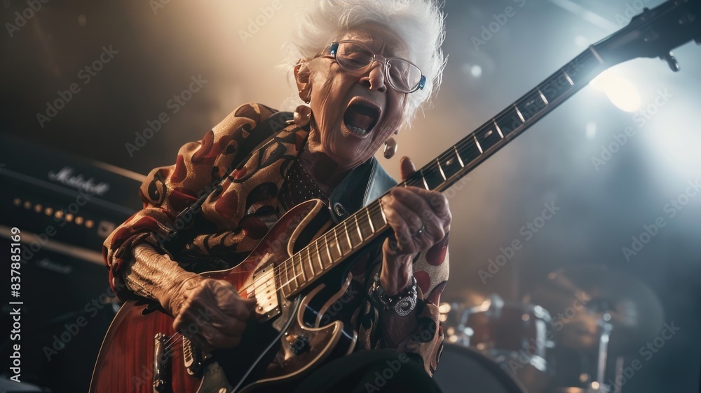 Obraz premium Grandmother playing electric guitar and screaming a song on stage as a rock star.
