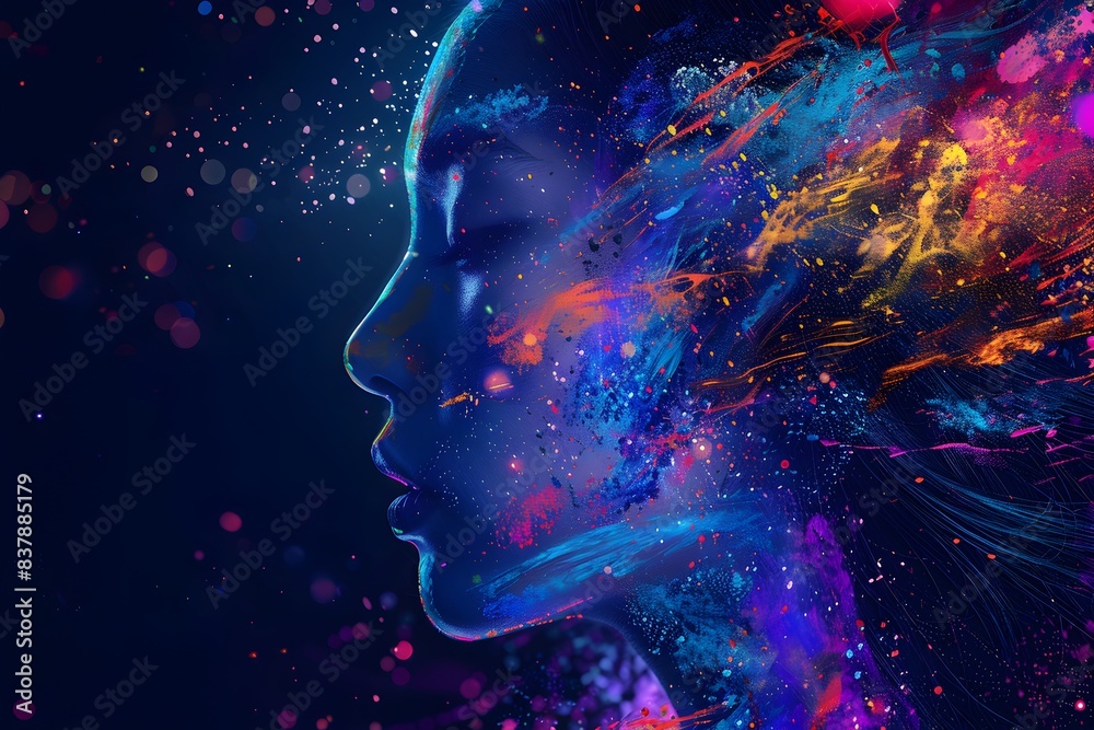 A woman's face is made of particles in a closeup headshot, with vibrant colors and particles flowing around her
A woman's face is made of particles in a closeup headshot, with vibrant colors and particles flowing around her