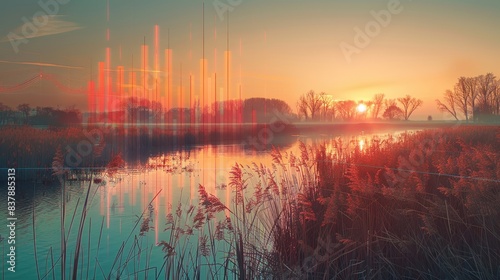 Serene landscape with glowing orange energy bars