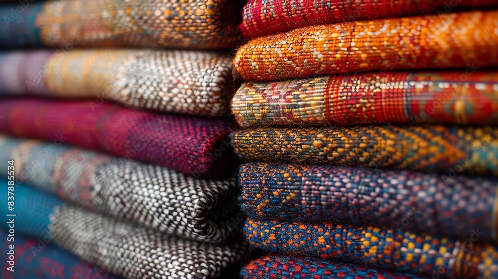 Stack of colorful folded fabrics in detail