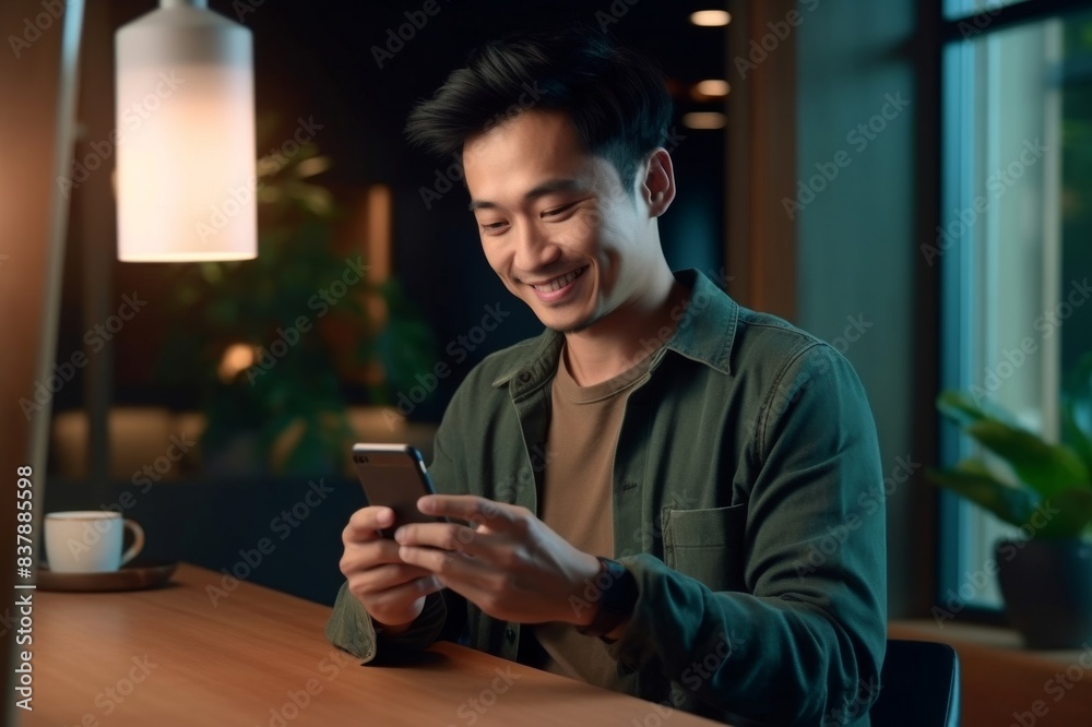 Young Asian man managing online banking with mobile app on smartphone, taking care of his money and finances while relaxing at home. Banking with technology Young Asian man managing online banking with mobile app on smartphone, taking care of his money and finances while relaxing at home. Banking with technology