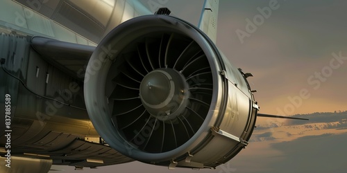 Jet engine during landing, intense detail, dusk light, isolated, no humans 