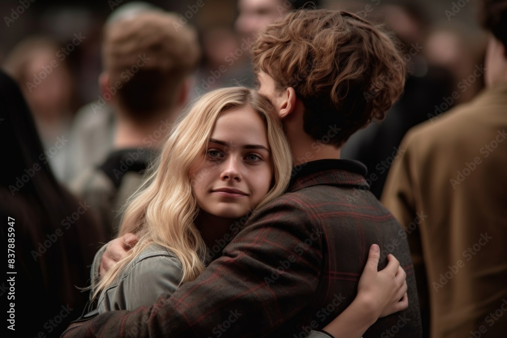 young couple hugging, standing in crowd