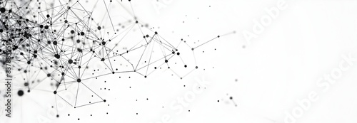 Black and white network connection dots form a mesh grid structure in shades of gray on the left side of an abstract background with geometric shapes 
