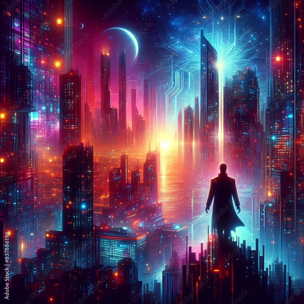 Dynamic digital illustration featuring a neon punk hero atop a futuristic cityscape, embodying themes of heroism and urban futurism. Ideal for futuristic concepts and sci-fi designs Dynamic digital illustration featuring a neon punk hero atop a futuristic cityscape, embodying themes of heroism and urban futurism. Ideal for futuristic concepts and sci-fi designs