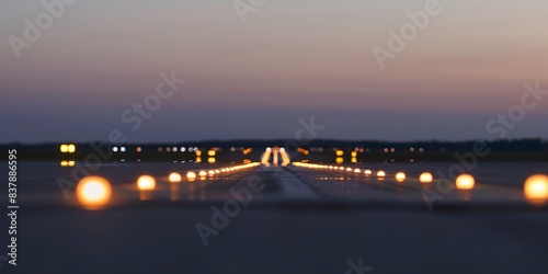 Line of runway lights fading into distance, close-up, dusk light, no people 