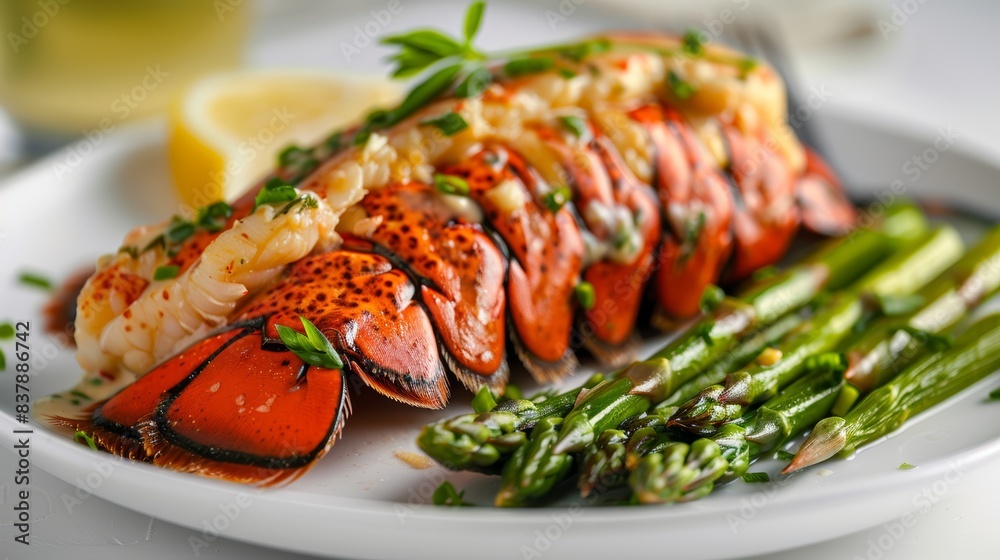 Elegantly plated lobster tail with garlic butter and asparagus, representing the pinnacle of gourmet cuisine and delicate flavors, isolated white background, copy space Elegantly plated lobster tail with garlic butter and asparagus, representing the pinnacle of gourmet cuisine and delicate flavors, isolated white background, copy space