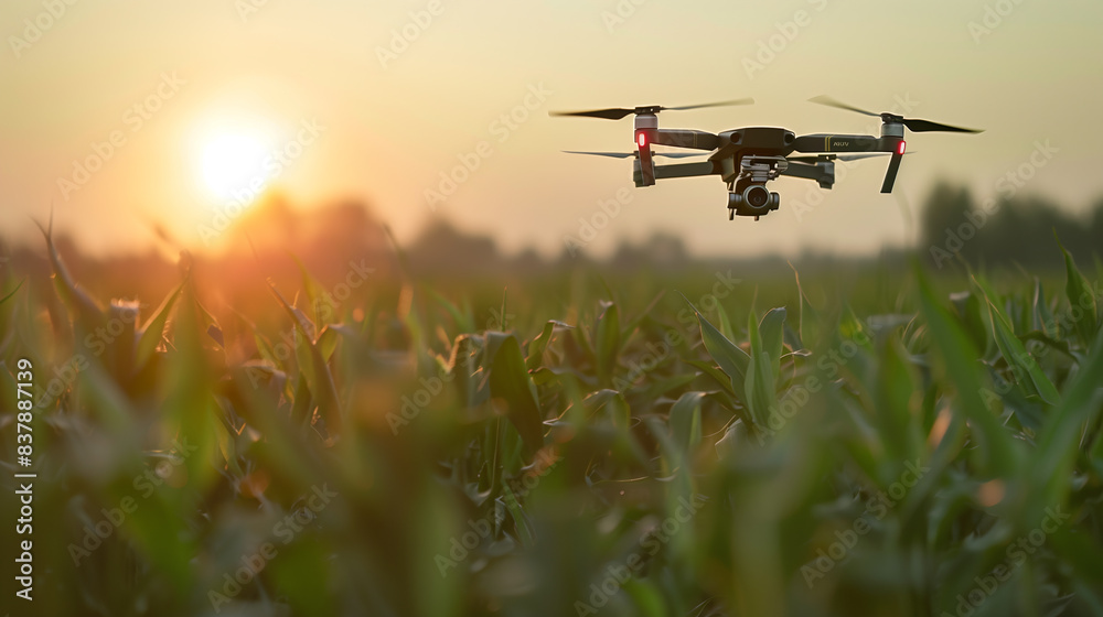 A drone is flying over a field of corn. The sun is setting in the background, casting a warm glow over the scene. The drone is capturing the beauty of the landscape and the changing colors of the sky A drone is flying over a field of corn. The sun is setting in the background, casting a warm glow over the scene. The drone is capturing the beauty of the landscape and the changing colors of the sky
