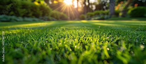 Perfectly striped freshly mowed garden law photo