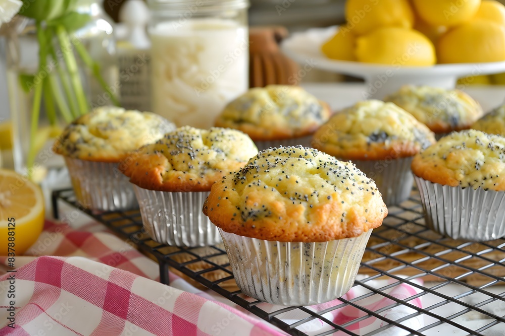 Freshly baked lemon poppy seed muffins on a cooling rack with a pink and white checkered tablecloth in the foreground. Freshly baked lemon poppy seed muffins on a cooling rack with a pink and white checkered tablecloth in the foreground.
