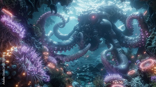 A formidable kraken rising from a deep ocean cove filled with bioluminescent algae, its tentacles weaving through an underwater garden of anemones and coral. shiny, Minimal and Simple,