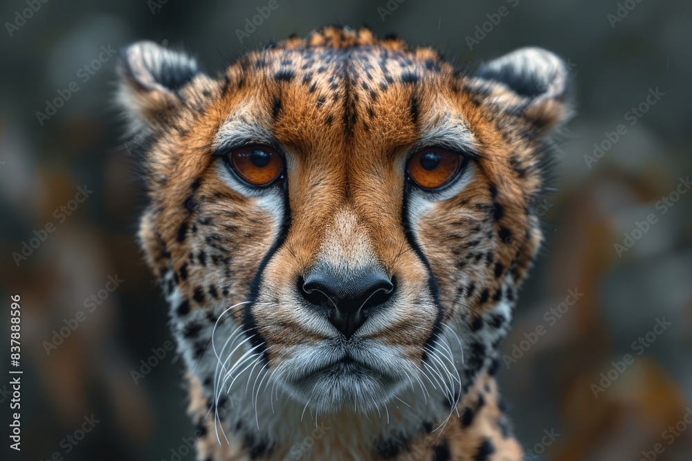 Obraz premium Close-up portrait of a majestic cheetah with intense eyes and distinctive spots, showcasing its powerful presence and striking beauty.