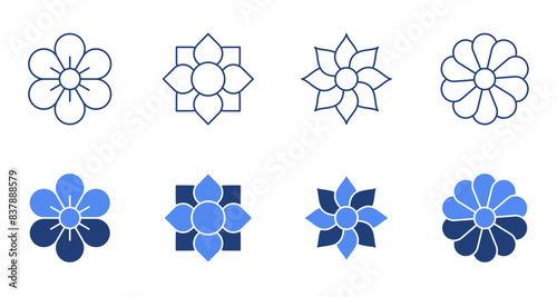 Vector blue flowers icons. Mini set line and silhouette symbol editable stroke. Spring and summer blossom. Rose, lotus, lily, sunflower, forget-me-not, chamomile. Stock illustration white background