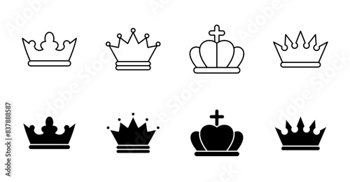 Vector royal crown icons. Line and silhouette logo symbol. Editable stroke set. King queen prince princess. Award prize victory, luxury tiara hat. Stock illustration on white background