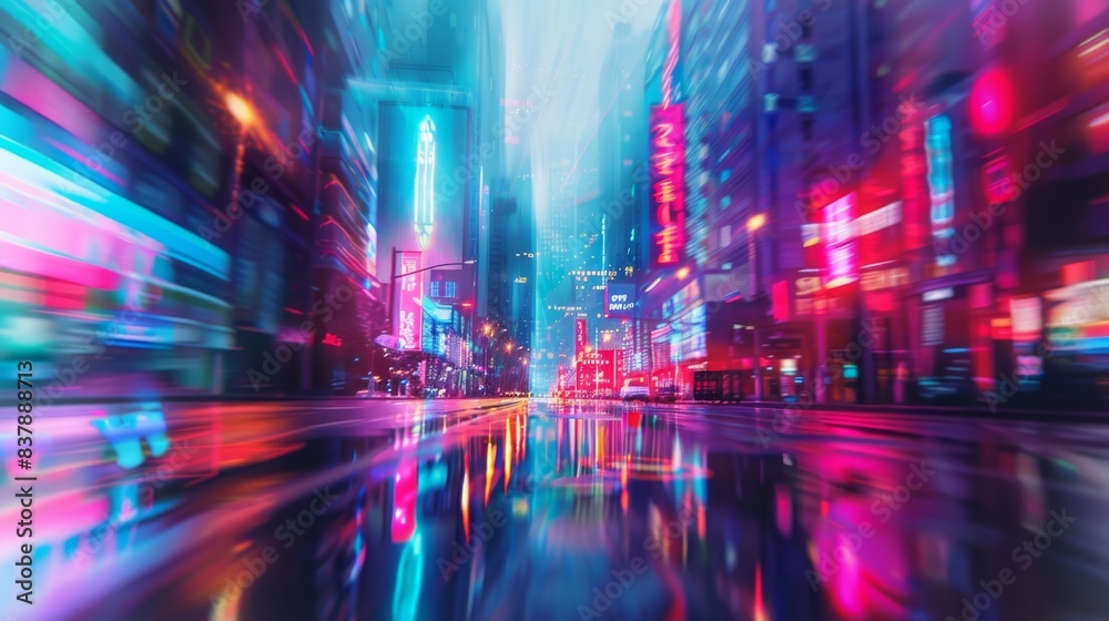 Fototapeta premium Holographic Neon Cityscape Abstract Background