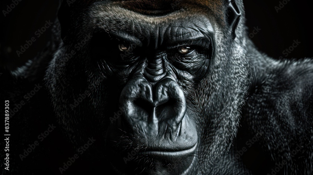 Portrait of a strong male black gorilla face isolated on black background. AI generated Portrait of a strong male black gorilla face isolated on black background. AI generated