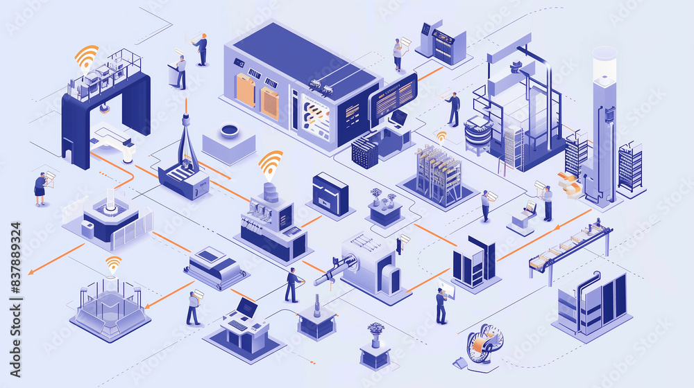 A futuristic industrial setting with a lot of machinery and equipment. The blue and orange colors give the impression of a high-tech environment A futuristic industrial setting with a lot of machinery and equipment. The blue and orange colors give the impression of a high-tech environment
