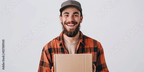 Customer happily unboxing a delivered package, illustrating the endtoend experience of an ecommerce purchase, isolated white background, copy space photo