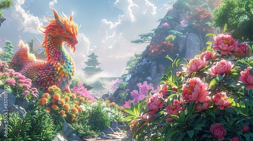 Fototapeta Naklejka Na Ścianę i Meble -  A vibrant qilin standing amidst a garden of peonies and chrysanthemums, its scales glistening in the sunlight, with an ancient pagoda in the distance. shiny, Minimal and Simple,
