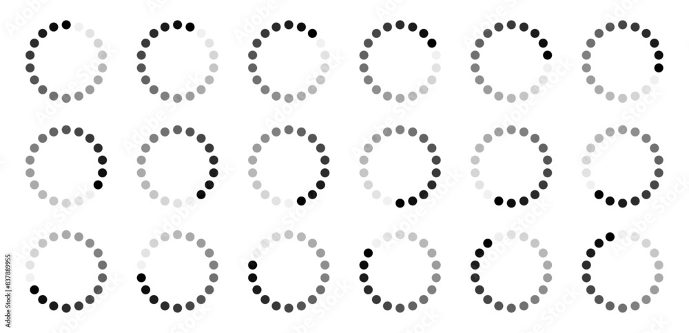 Circle buffering icon set in 18 shades of black colour. Circle buffering, loading, processing and progressing indicator symbol set in eighteen shades of black colour isolated on white background. Circle buffering icon set in 18 shades of black colour. Circle buffering, loading, processing and progressing indicator symbol set in eighteen shades of black colour isolated on white background.