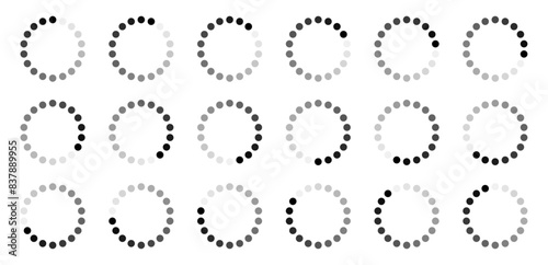 Circle buffering icon set in 18 shades of black colour. Circle buffering, loading, processing and progressing indicator symbol set in eighteen shades of black colour isolated on white background.