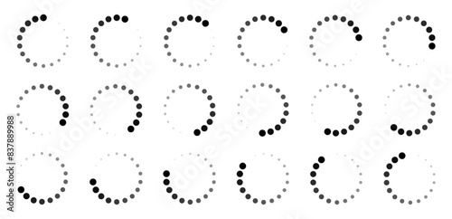 Decreasing circle size buffering symbol set in 18 shaded of black color. Decreasing circle progressing, processing, loading or buffering indicator symbol set of eighteen shades of black colour.