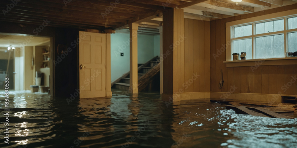 flooded room, flooded basement room interior, water is high in the ...