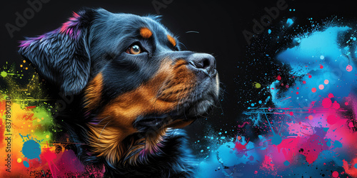 Rottweiler dog in neon colors in a pop art style