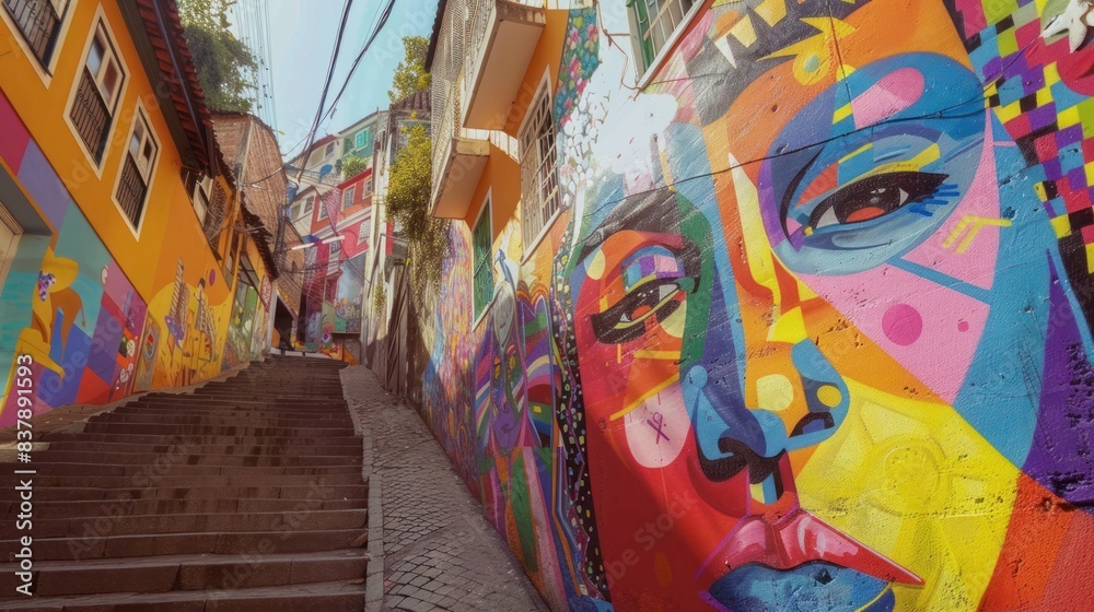 Fototapeta premium Colorful street with vibrant mural painting, depicts a stunning face on a narrow alley, showcasing creativity and urban artistry.