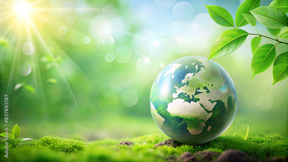 Globe planet in green forest with bokeh nature lights. World environment day. Globe planet in green forest with bokeh nature lights. World environment day.