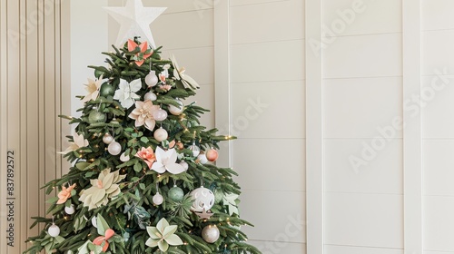 Photo of a Christmas tree with pastel ornaments and paper flowers  set against a white paneled wall  creating a modern and elegant holiday look.