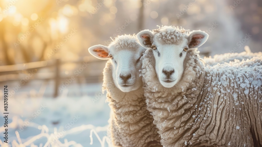 Two fluffy sheep standing close together in a beautiful snowy winter landscape with the warm glow of sunrise in the background. Two fluffy sheep standing close together in a beautiful snowy winter landscape with the warm glow of sunrise in the background.