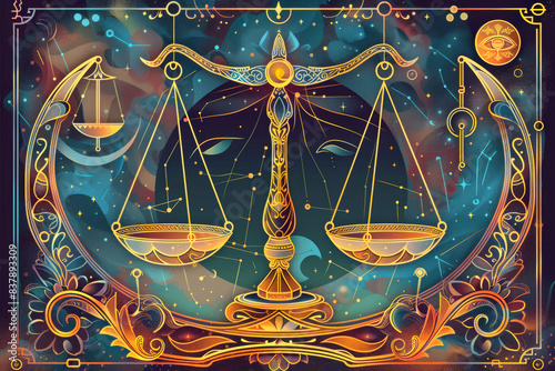 Balanced scales with intricate celestial background in vivid colors.