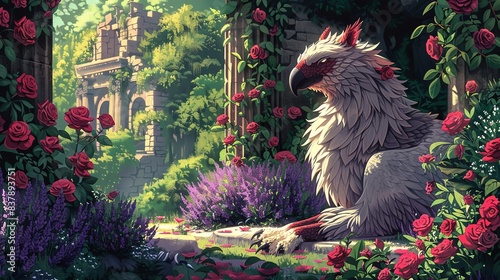 An elegant griffin resting in a garden of roses and lavender, with ancient ruins partially visible through the overgrown foliage. shiny, Minimal and Simple,
