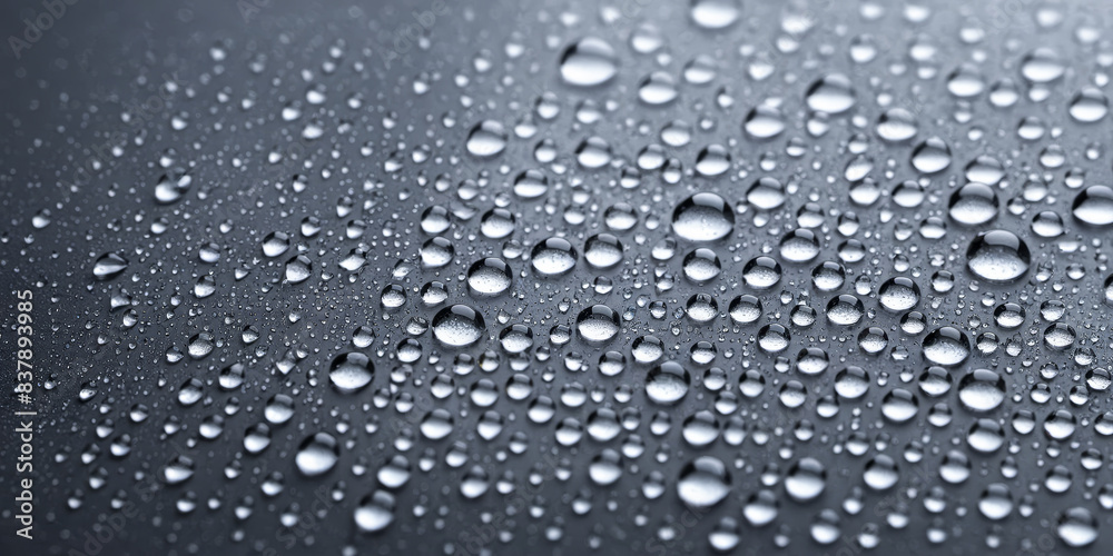 Closeup view of clear water droplets on dark surface, high contrast, detailed texture, pattern of round shapes, varying sizes, reflective liquid spheres on smooth background