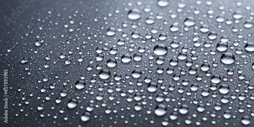 Closeup view of clear water droplets on dark surface  high contrast  detailed texture  pattern of round shapes  varying sizes  reflective liquid spheres on smooth background