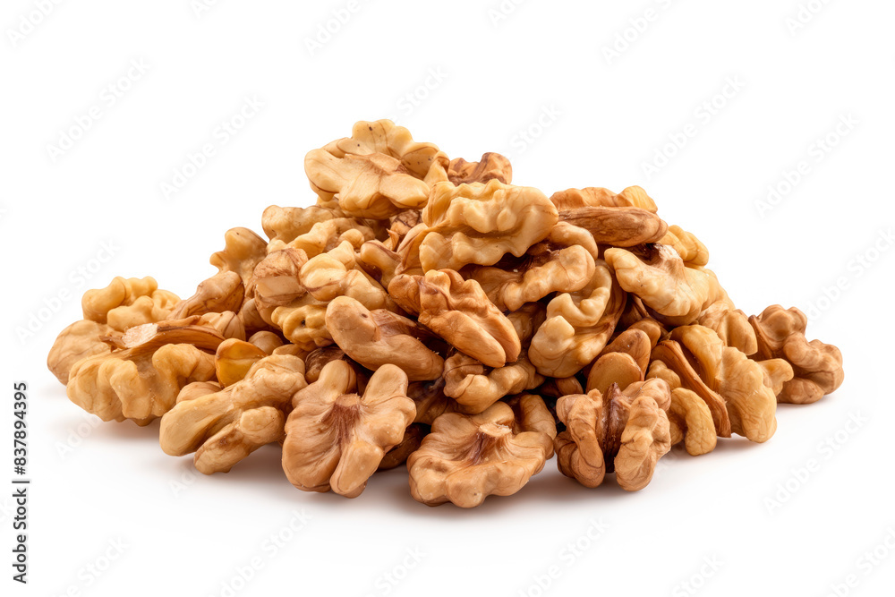 Close-up of shelled and unshelled Walnut nuts isolated on a white background, showcasing their texture Close-up of shelled and unshelled Walnut nuts isolated on a white background, showcasing their texture