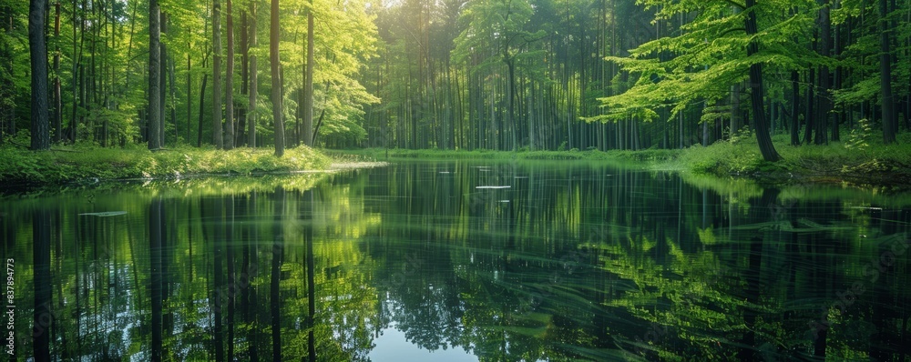 Calm forest pond reflecting the surrounding trees and greenery, illustrating the peacefulness and tranquility of nature, isolated white background, copy space Calm forest pond reflecting the surrounding trees and greenery, illustrating the peacefulness and tranquility of nature, isolated white background, copy space