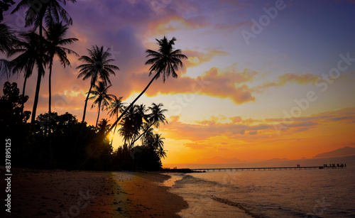 Banner Summer with colorful theme as palm trees with water wave background © SASITHORN